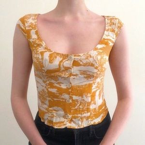 Reformation Mustard Yellow and Cream Printed Cap Sleeve Top Blouse